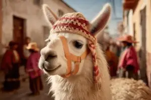 Close-up portrait of a white llama with crocheted hat and South American town background