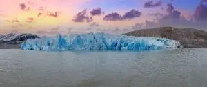 Panoramic view over Lago Grey and the edge of the Grey Glacier in Torres del Paine National Park in Patagonia