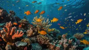 Vibrant underwater scene showcasing a coral reef teeming with colorful fish and marine life