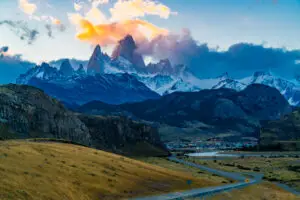 View of the famous Mount Fitz Roy or Cirro Fitz Roy at El Chalten Village in Los Glaciares National Park, Patagonia Argentina
