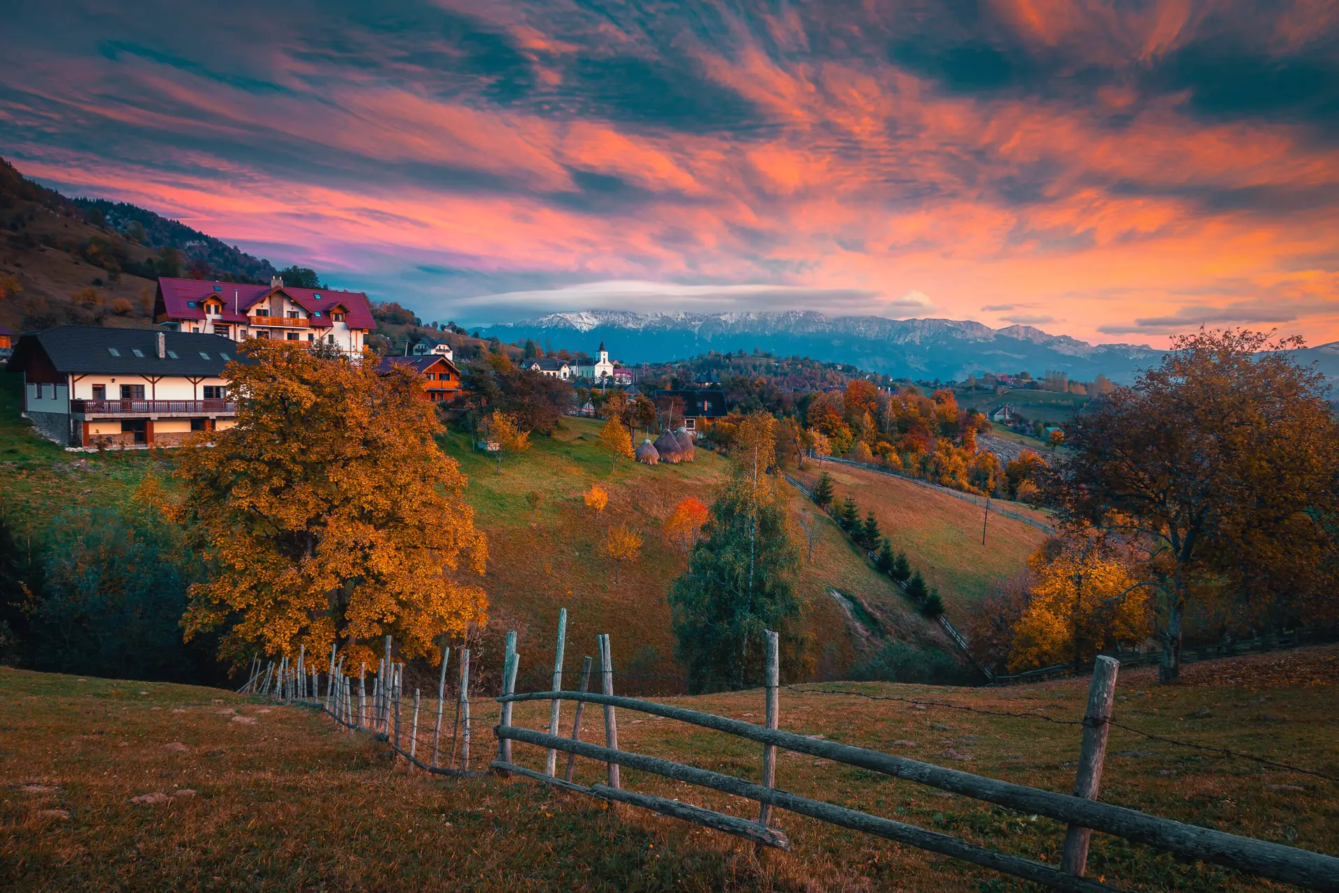 One of the most famous and visited Magura mountain village in the Carpathians. Spectacular autumn rural scenery at sunset, Romania, Europe