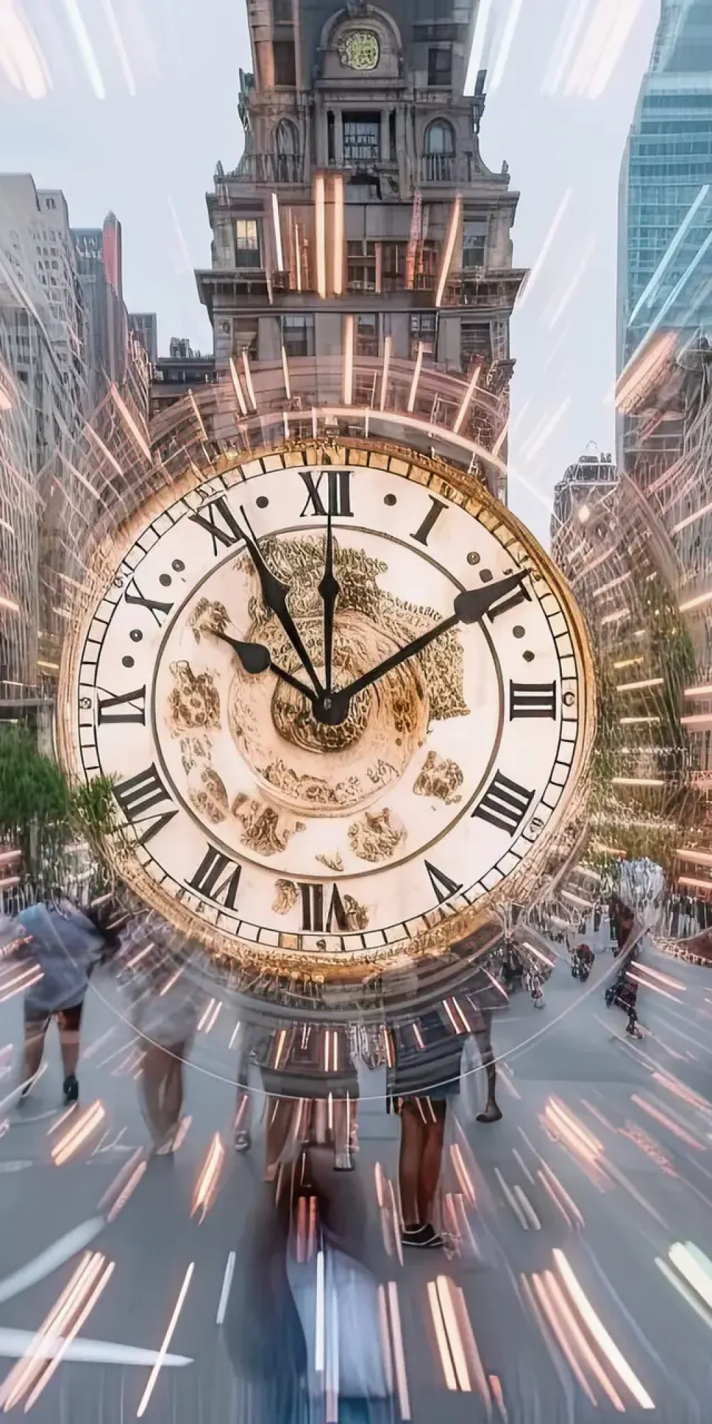 generative ai illustration of a clock over a picture of blurred people in the city, symbolizes the hustle and bustle of today's life